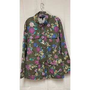 Lane Bryant Olive Green Floral Twill Safari Jacket Size 18 Zip Snap Drawstring